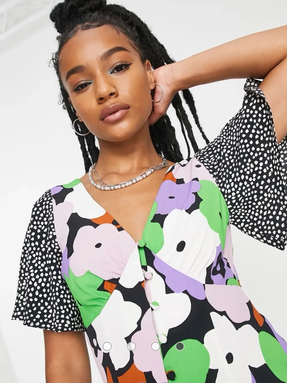 Sold Topshop Mixed Print Floral Polka Dot Midi Dress Multi-Color Flutter Sleeve - Picture 2 of 13